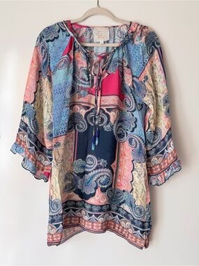 Johnny Was Boho Paisley Tie-Neck Tunic in Multi-Color